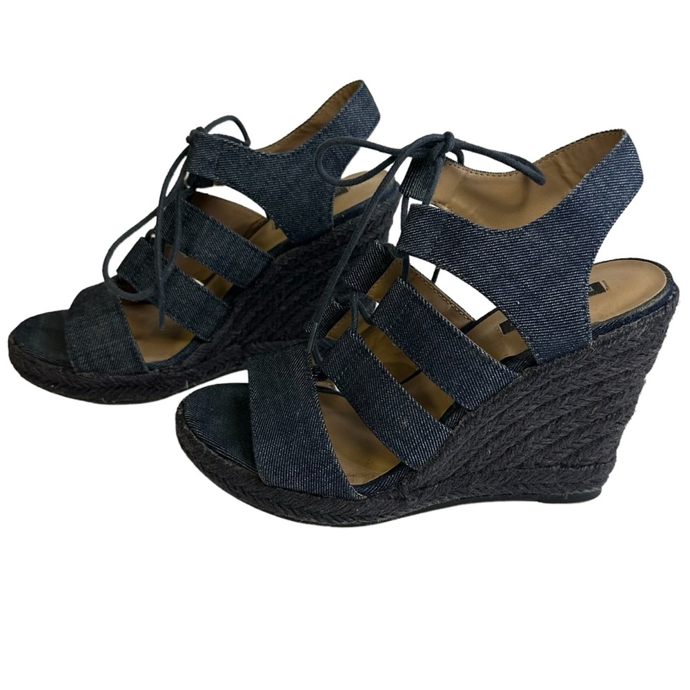 Parker and Sky Blue Denim Espadrille Lace Up Wedge Heels Sandal Shoes Womens 7